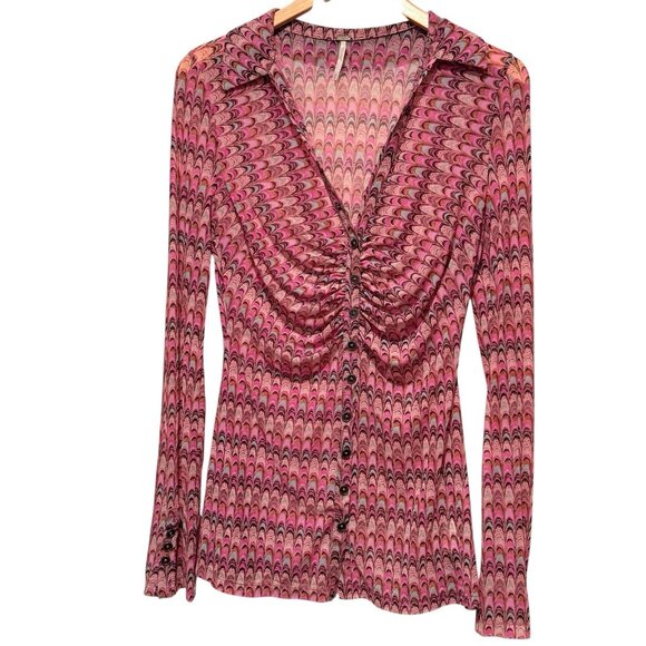 Free People Lucky Shirtee Sz M Pink Psychedelic Shirred Sheer Mesh Shirt - Picture 2 of 9